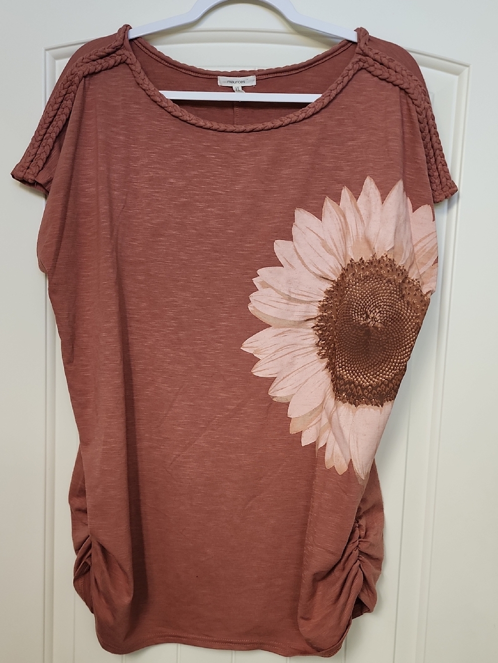 Maurices Mauve Braided-Shoulder Sunflower Short Sleeve Tee